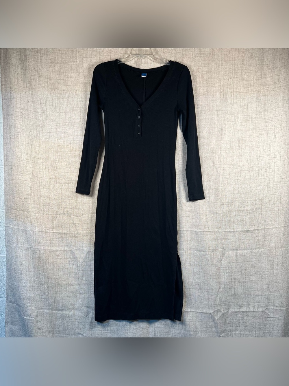 Old Navy Dress Black‎ Long Sleeve Ribbed Henley Button V Neck Shirt Maxi Small
